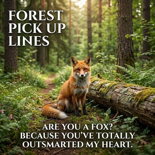 Animal-Themed Forest Pick Up Lines featuring a realistic red fox in a green woodland clearing with a playful fox-inspired pickup line.