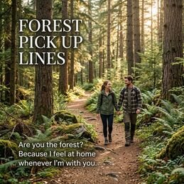 Forest Pick Up Lines for nature lovers featuring a smiling couple enjoying a sunlit woodland trail with a romantic outdoor pickup line.