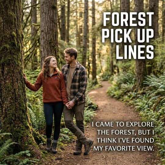 Flirty Forest Pick Up Lines featuring a young couple sharing a romantic moment on a sunlit woodland trail with a charming pickup line.
