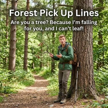Funny Forest Pick Up Lines featuring a playful hiker beside a tree with a humorous leaf-themed flirting message in a natural woodland setting.