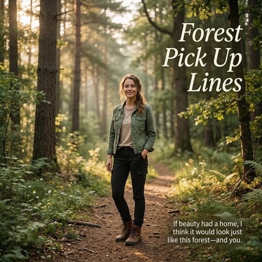 Forest Pick Up Lines for her featuring a smiling woman on a peaceful woodland trail with a romantic nature-inspired compliment.