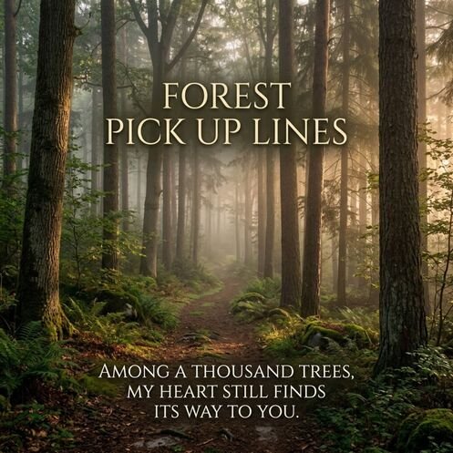 Deep Forest Pick Up Lines with a poetic romantic message over a misty woodland landscape illuminated by gentle morning light.