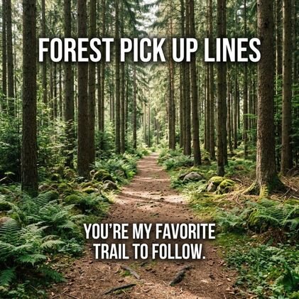 Short Forest Pick Up Lines featuring a sunlit woodland trail with a simple romantic one-liner about finding the perfect path.