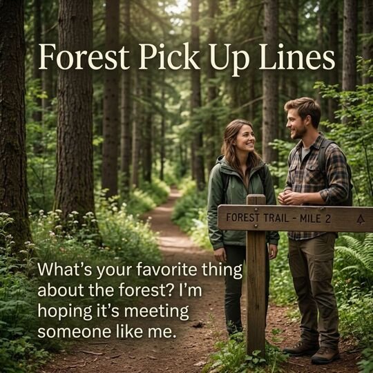 Smooth Forest Pick Up Lines featuring two young adults chatting beside a woodland trail sign with a friendly forest conversation starter.