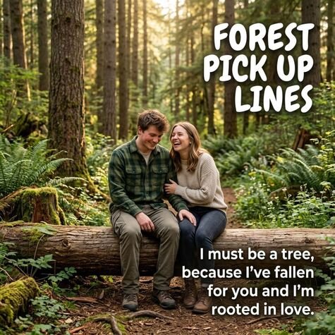 Cringe Forest Pick Up Lines for your girlfriend featuring a laughing couple on a fallen log with a cheesy romantic tree-themed pickup line.