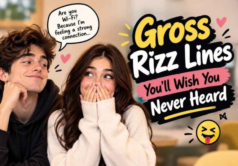 Funny couple reacting to gross rizz lines with colorful text overlay by Spoonian.com