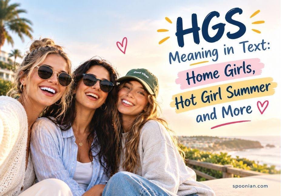 Three women in stylish casual summer outfits smiling together by the coast with sunglasses, featuring “HGS Meaning in Text: Home Girls, Hot Girl Summer and More” text.