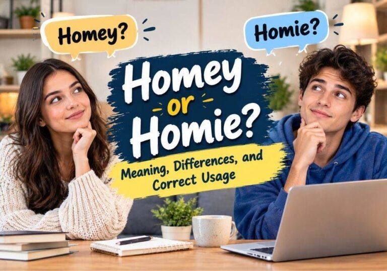 Homey or Homie? Meaning, Differences, and Correct Usage featuring two young adults comparing the words Homey and Homie with speech bubbles in a cozy indoor setting.