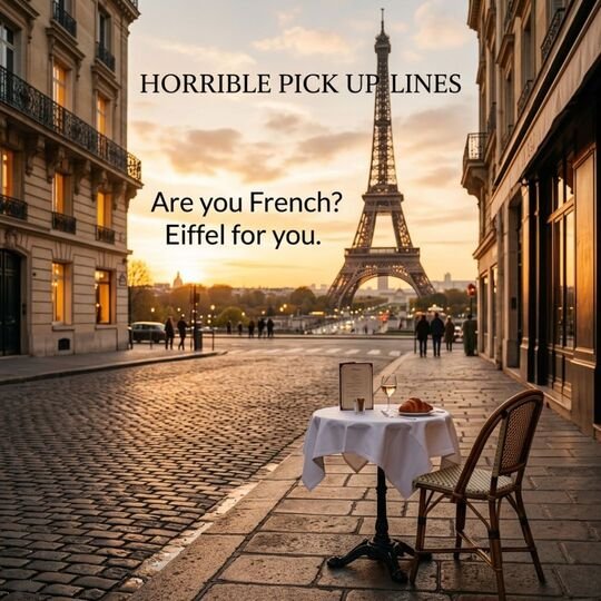 Horrible Pick Up Lines featuring the Eiffel Tower in Paris with the playful French Eiffel flirting line.