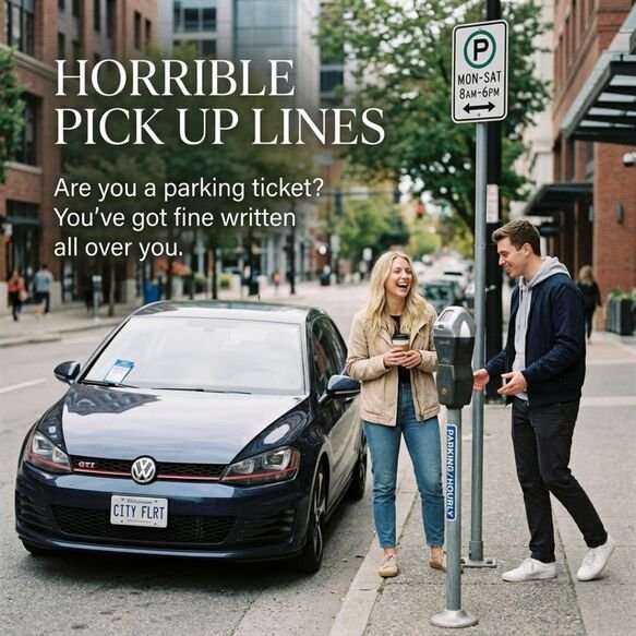 Horrible Pick Up Lines featuring a funny parking ticket joke beside a parked car and city parking sign.