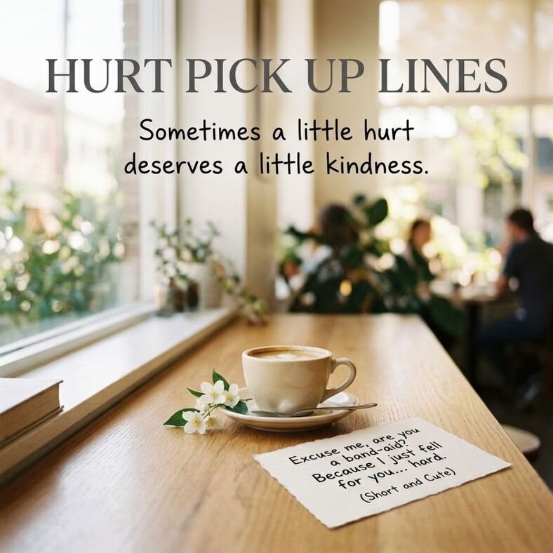 Realistic café scene featuring Hurt Pick Up Lines with a cute emotional message, coffee cup, flower, and handwritten note.