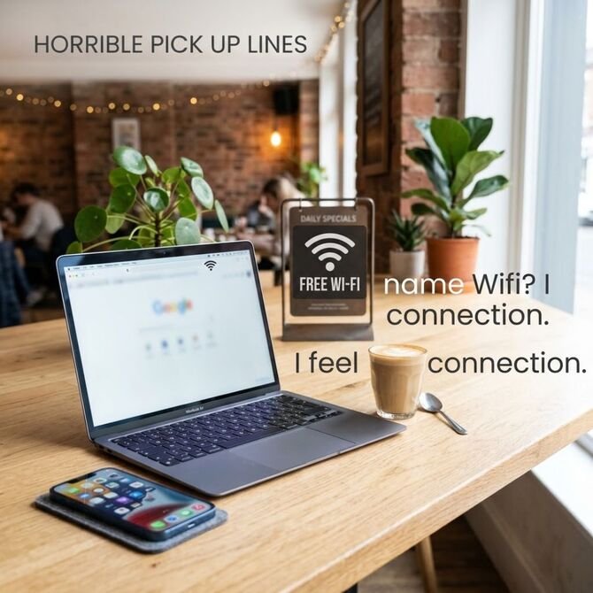 Horrible Pick Up Lines featuring a Wi-Fi connection theme with a laptop, smartphone, and cheesy flirting message.