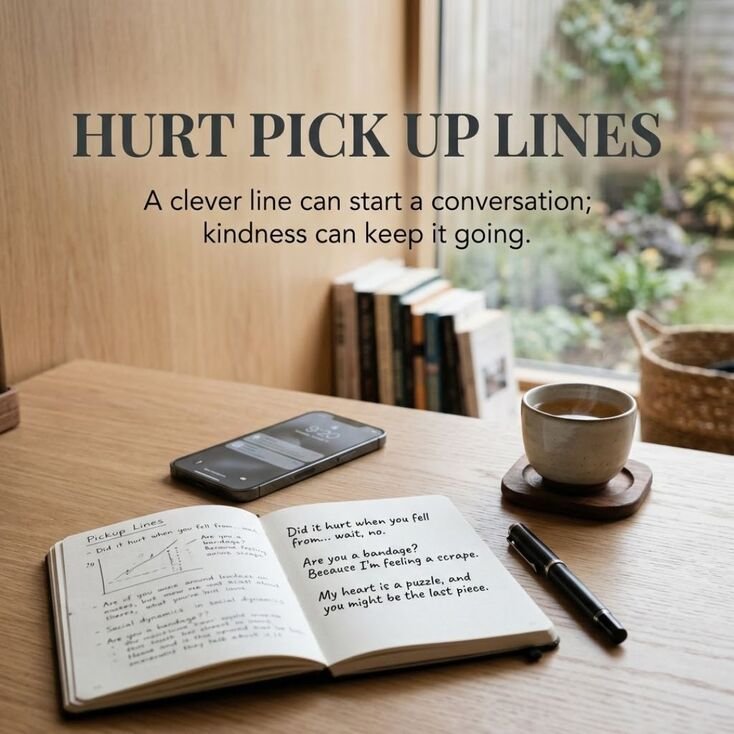 Minimal desk with smartphone and notebook featuring Hurt Pick Up Lines and a clever message for Hinge openers.