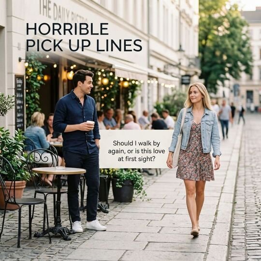 Horrible Pick Up Lines showing a funny first-sight moment on a city sidewalk with a playful flirting message.