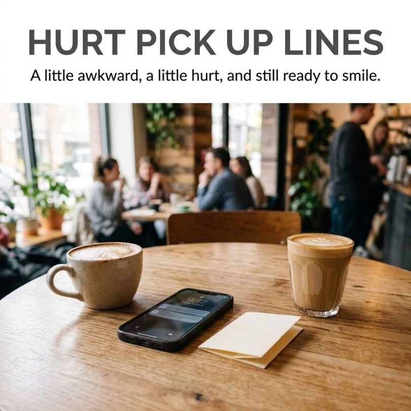 Wholesome coffee-shop scene featuring Hurt Pick Up Lines with a playful message, smartphone, note, and coffee cups.