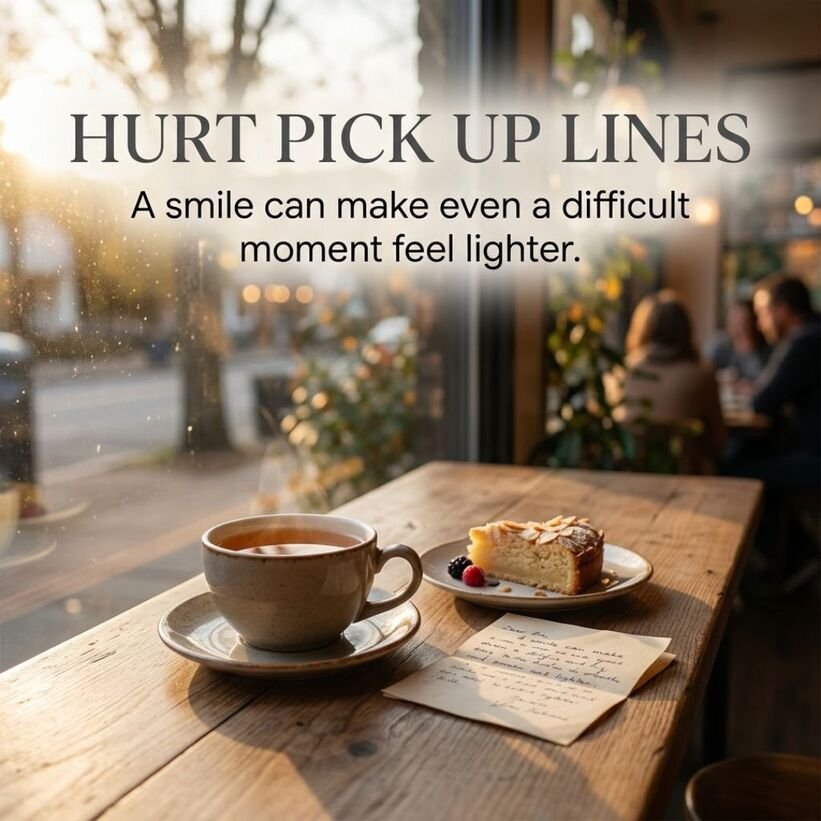 Warm café photograph with Hurt Pick Up Lines, a gentle message, tea, dessert, and handwritten note.