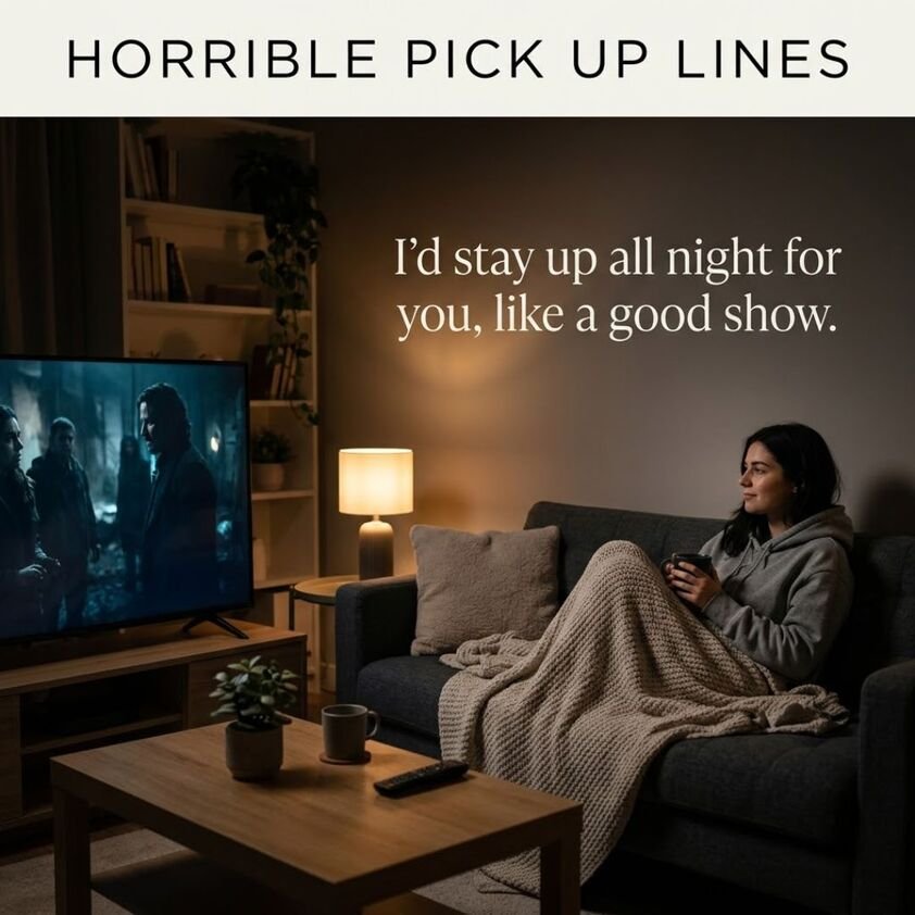 Horrible Pick Up Lines featuring a cozy late-night streaming scene with a funny stay-up-all-night flirting message.