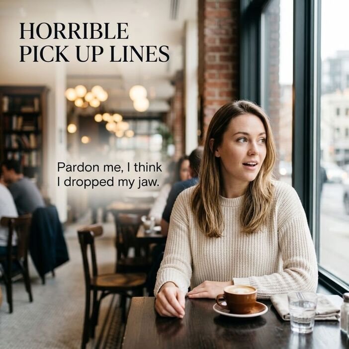 Horrible Pick Up Lines featuring a surprised reaction in a stylish café with a funny dropped-my-jaw pickup line.