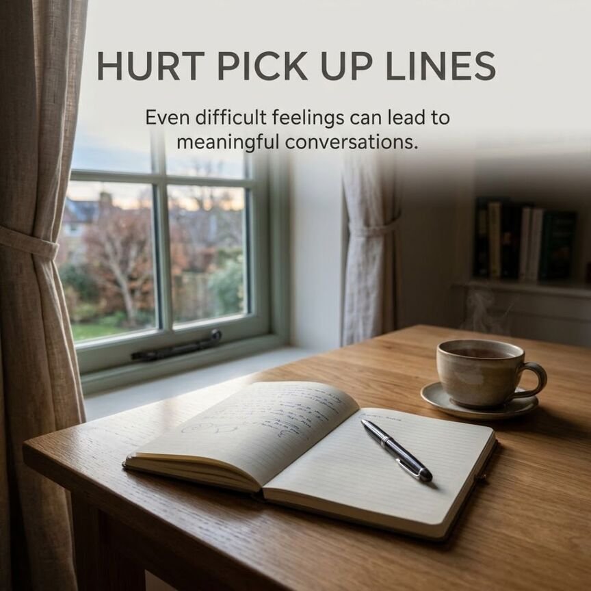 Peaceful notebook and tea scene featuring Hurt Pick Up Lines with a thoughtful message about pain and conversation.