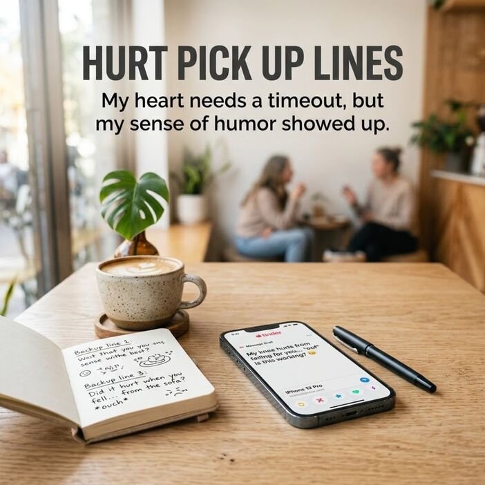 Modern smartphone and coffee scene with Hurt Pick Up Lines and a funny lighthearted message for Tinder openers.