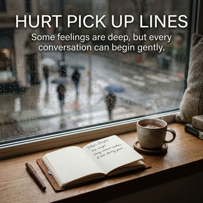 Rainy window and journal scene featuring Hurt Pick Up Lines with a deep, thoughtful message and warm tea.