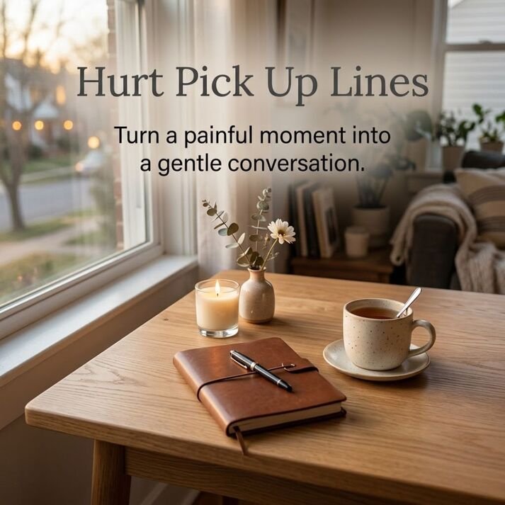 Minimalist tea and journal photograph featuring Hurt Pick Up Lines with a gentle message about pain and understanding.