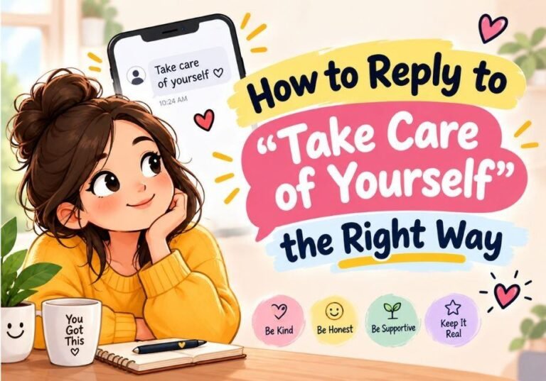 Cute illustrated guide showing how to reply to “Take Care of Yourself” with kind, honest, supportive responses, featuring a woman, smartphone message, hearts, and colorful text.