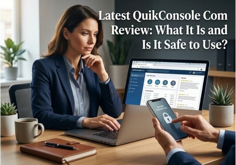 A businesswoman in a professional office reviewing a website on a laptop, with the headline "Latest QuikConsole Com Review: What It Is and Is It Safe to Use?"