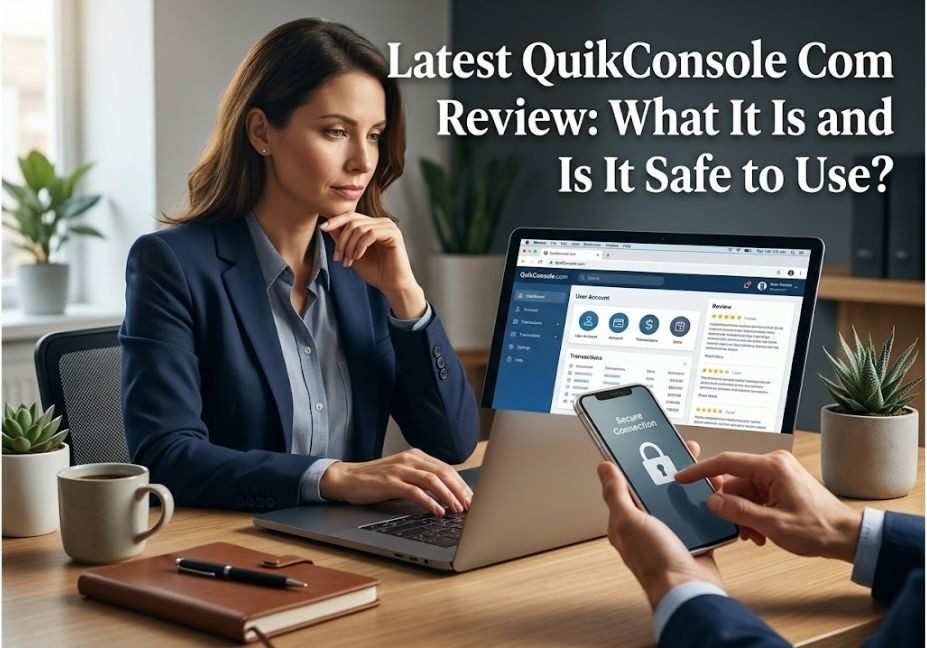 A businesswoman in a professional office reviewing a website on a laptop, with the headline "Latest QuikConsole Com Review: What It Is and Is It Safe to Use?"