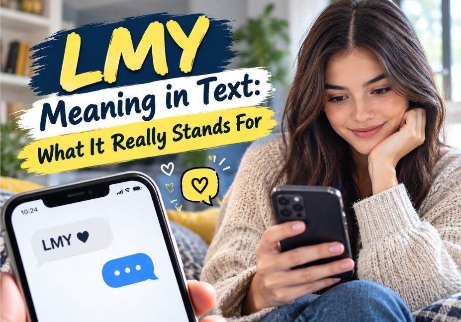 LMY Meaning in Text: What It Really Stands For featuring a woman texting on her smartphone with a chat bubble displaying LMY and a heart symbol.