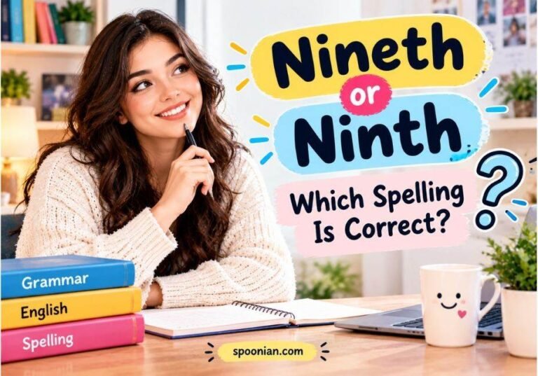 Cute educational guide comparing “Nineth” and “Ninth” spelling, featuring a woman studying English grammar with books and a question mark.