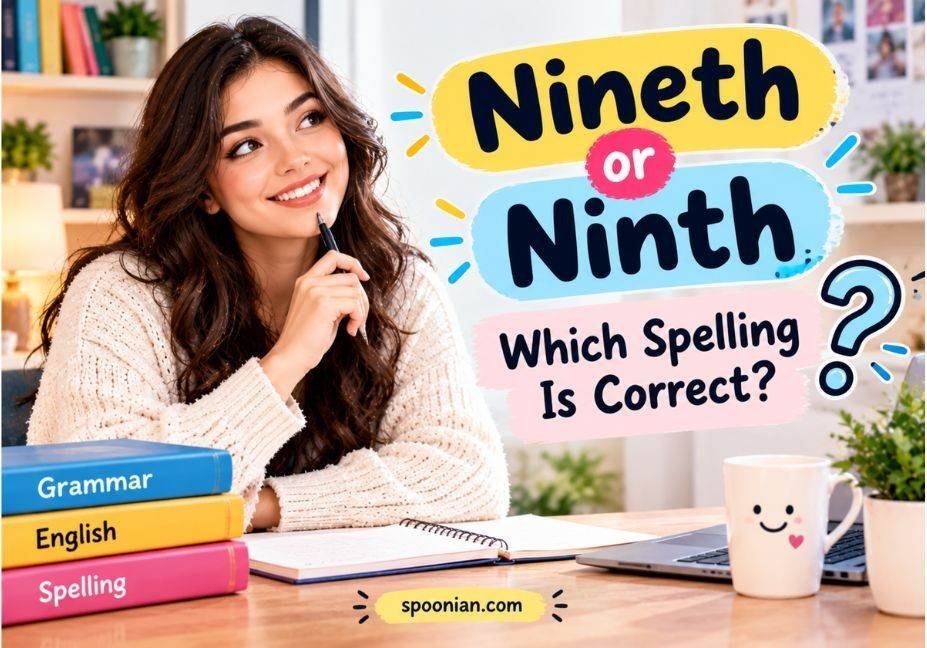 Cute educational guide comparing “Nineth” and “Ninth” spelling, featuring a woman studying English grammar with books and a question mark.