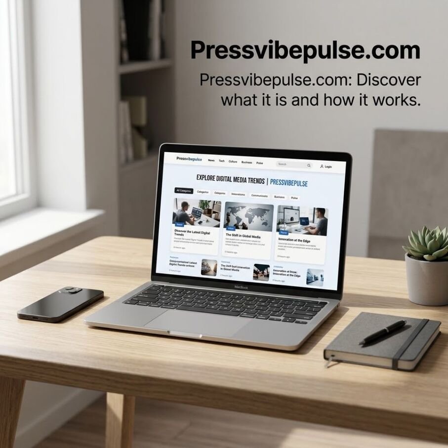 Pressvibepulse.com explained with a realistic laptop displaying a modern digital-media website, showing what Pressvibepulse.com is and how it works.
