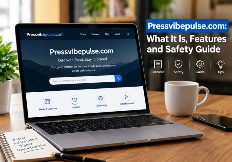 Pressvibepulse.com: What It Is, Features and Safety Guide — A realistic laptop displaying Pressvibepulse.com with feature, safety, and guide icons in a modern workspace.