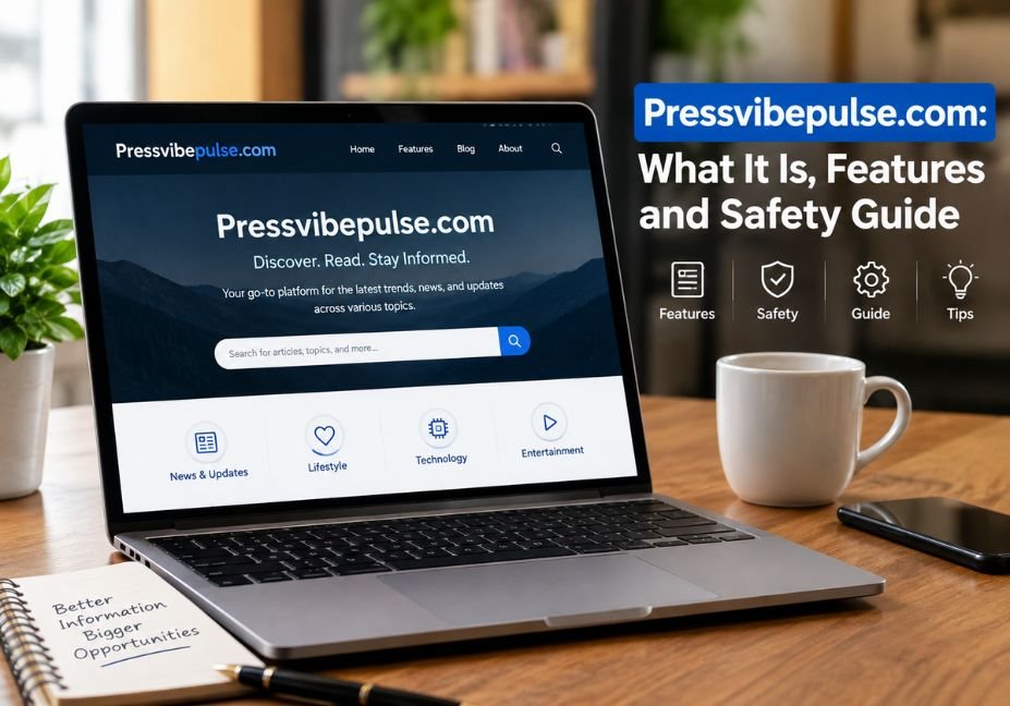 Pressvibepulse.com: What It Is, Features and Safety Guide — A realistic laptop displaying Pressvibepulse.com with feature, safety, and guide icons in a modern workspace.