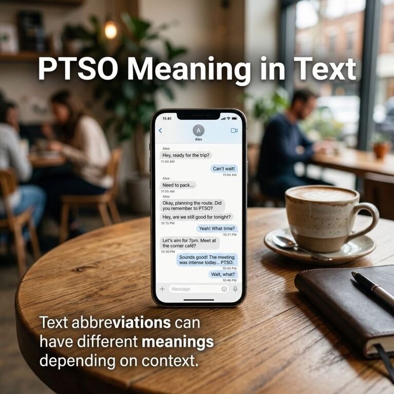 PTSO Meaning in Text shown through a realistic smartphone conversation with a simple explanation of texting context.