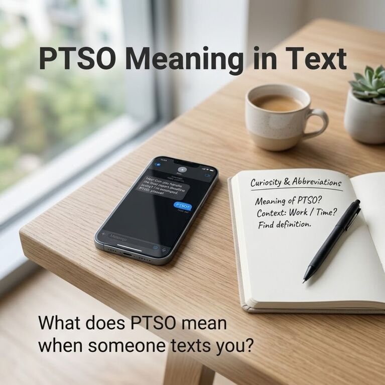 PTSO Meaning in Text explained with a smartphone message, notebook, and question about the text abbreviation.