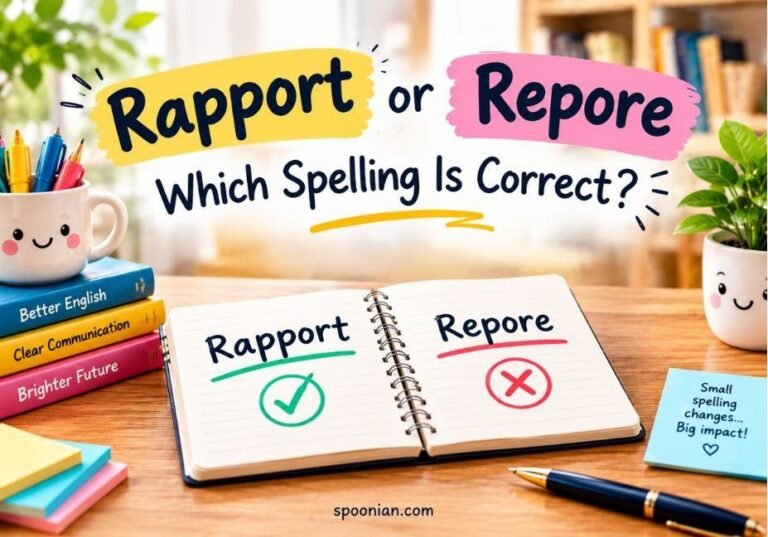 Rapport or Repore spelling comparison showing the correct spelling “Rapport” and incorrect “Repore” on an educational notebook.