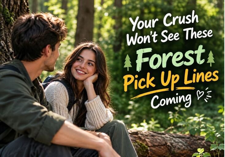 Romantic Forest Pick Up Lines featuring a young couple sharing a flirtatious moment in a sunlit forest surrounded by lush greenery.