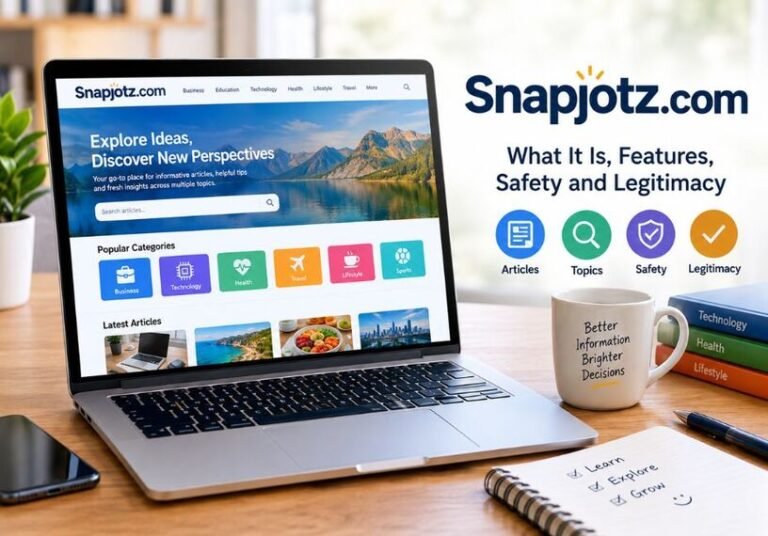 Snapjotz.com website displayed on a modern laptop with information about features, safety, legitimacy, technology, lifestyle, and general online content in a professional workspace