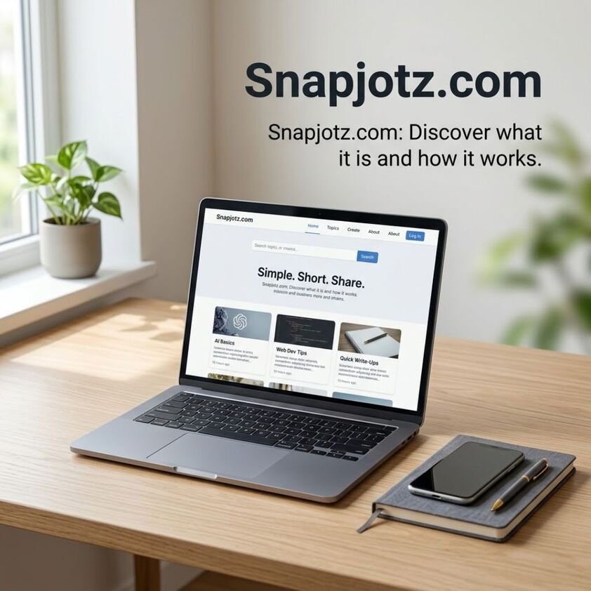 Snapjotz.com explained: realistic laptop displaying a modern website interface with a clean workspace and message about what Snapjotz.com is and how it works.