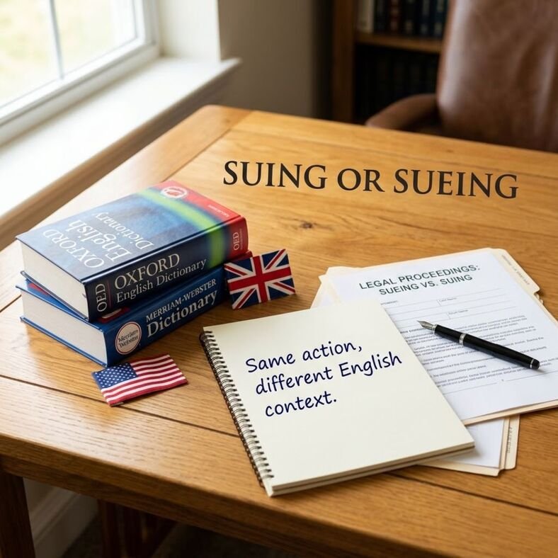 Suing or sueing comparison showing American and British English usage with legal documents
