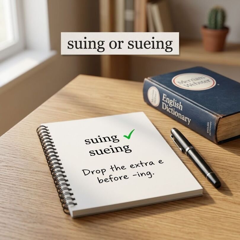 Suing or sueing explained with a legal desk showing the meaning of sue and taking legal action
