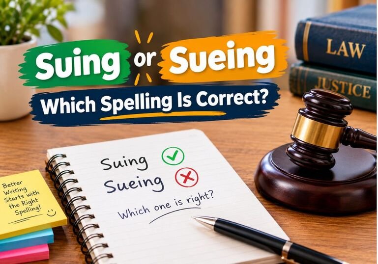 Suing or Sueing spelling comparison showing the correct spelling and a legal gavel