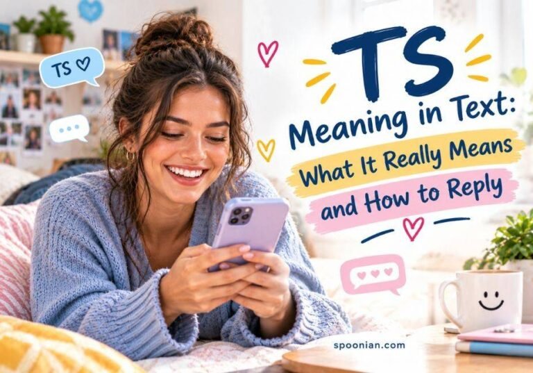 Young woman smiling while texting on her smartphone in a cozy bedroom, with “TS Meaning in Text: What It Really Means and How to Reply” displayed in a colorful graphic.