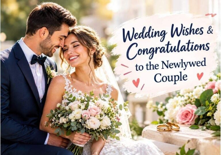 Newlywed couple embracing on their wedding day with a bridal bouquet, wedding rings, flowers, and a romantic congratulations message.