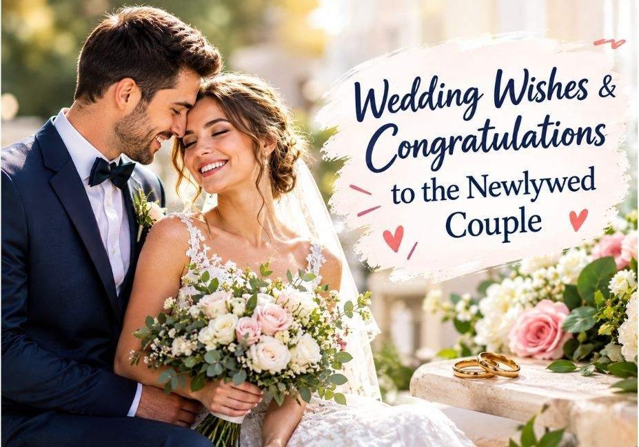 Newlywed couple embracing on their wedding day with a bridal bouquet, wedding rings, flowers, and a romantic congratulations message.