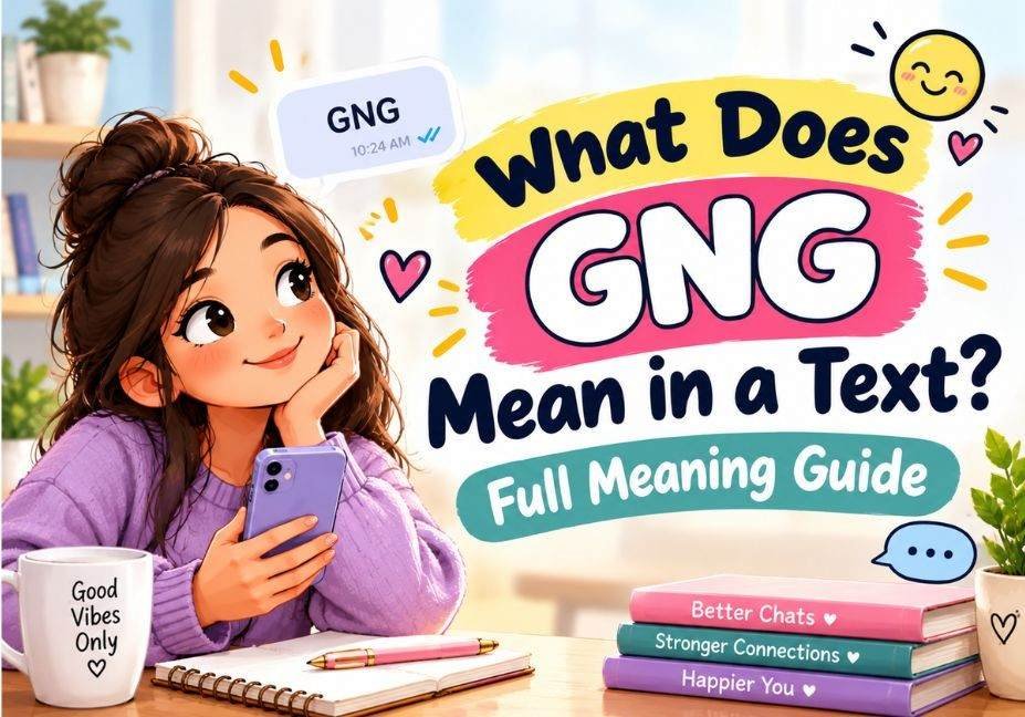 Cute illustrated guide explaining what GNG means in a text, featuring a woman holding a smartphone with “GNG” in a chat message and colorful communication-themed elements.