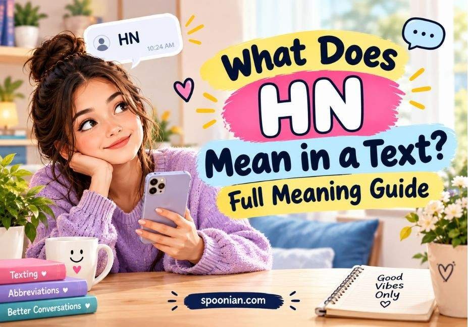Cute illustrated guide explaining what HN means in a text, featuring a woman using a smartphone, an “HN” chat message, and colorful texting-themed elements.