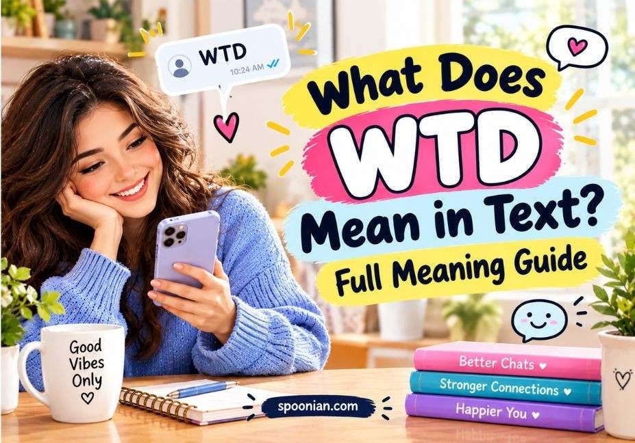 Cute illustrated guide explaining what WTD means in text, featuring a woman using a smartphone, a “WTD” chat message, and colorful texting-themed elements